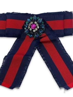 Gucci Navy and Red Striped Ribbon Brooch with Multicolor Jewel